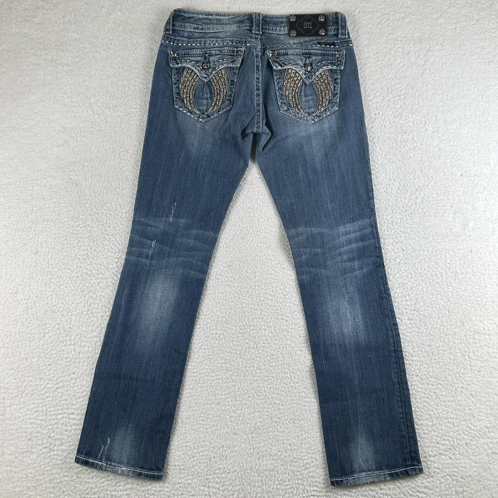 Miss Me‎ Jeans Womens 28 Straight Leg Embellished Flap Pockets Y2K Angel Wings - Picture 3 of 16
